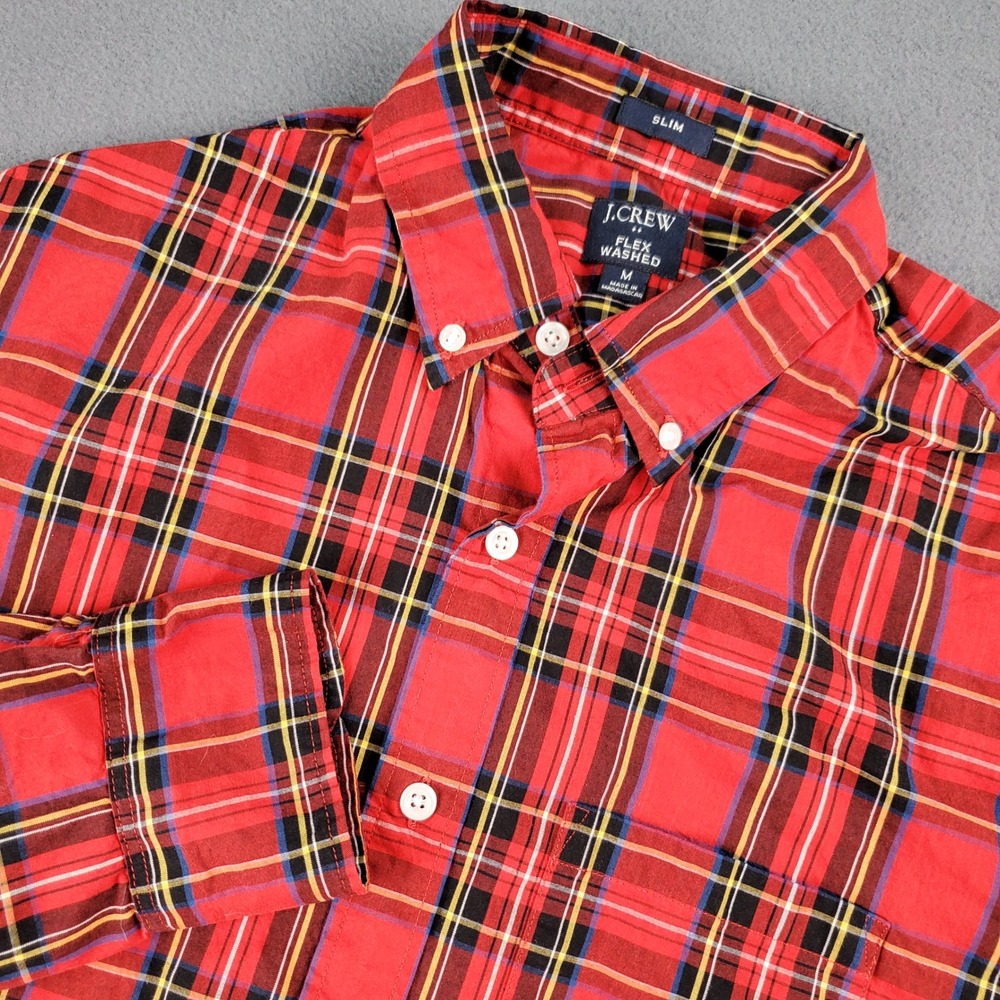 J.Crew Flex Washed Slim Plaid Button Down Shirt Mens M Red Black Yellow